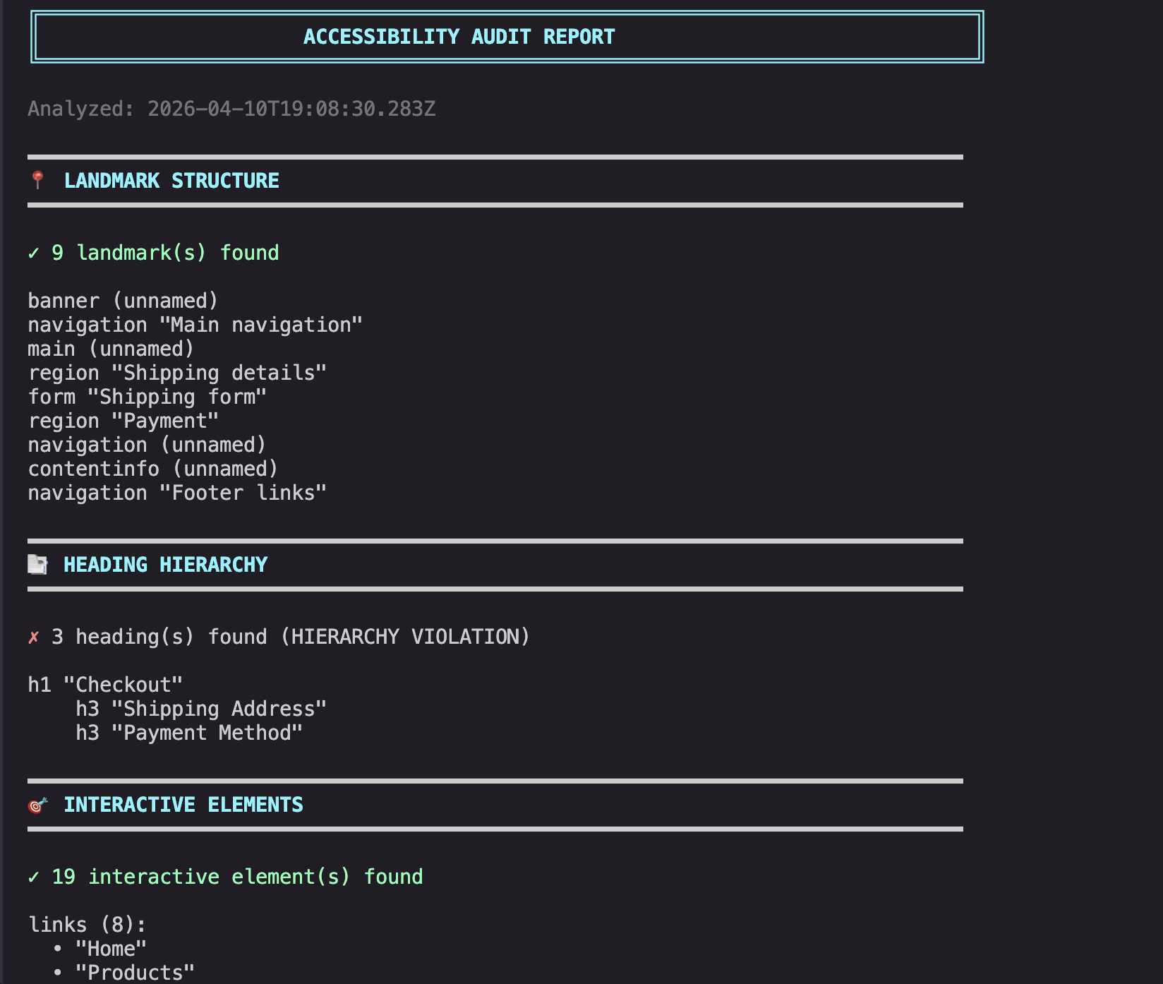 Speakable CLI audit report showing colorized accessibility analysis with landmark structure, heading hierarchy, and issue severity indicators